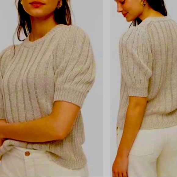 J. Crew Short Puff sleeved Linen sweater Beige Women’s L Neutral - Picture 4 of 8